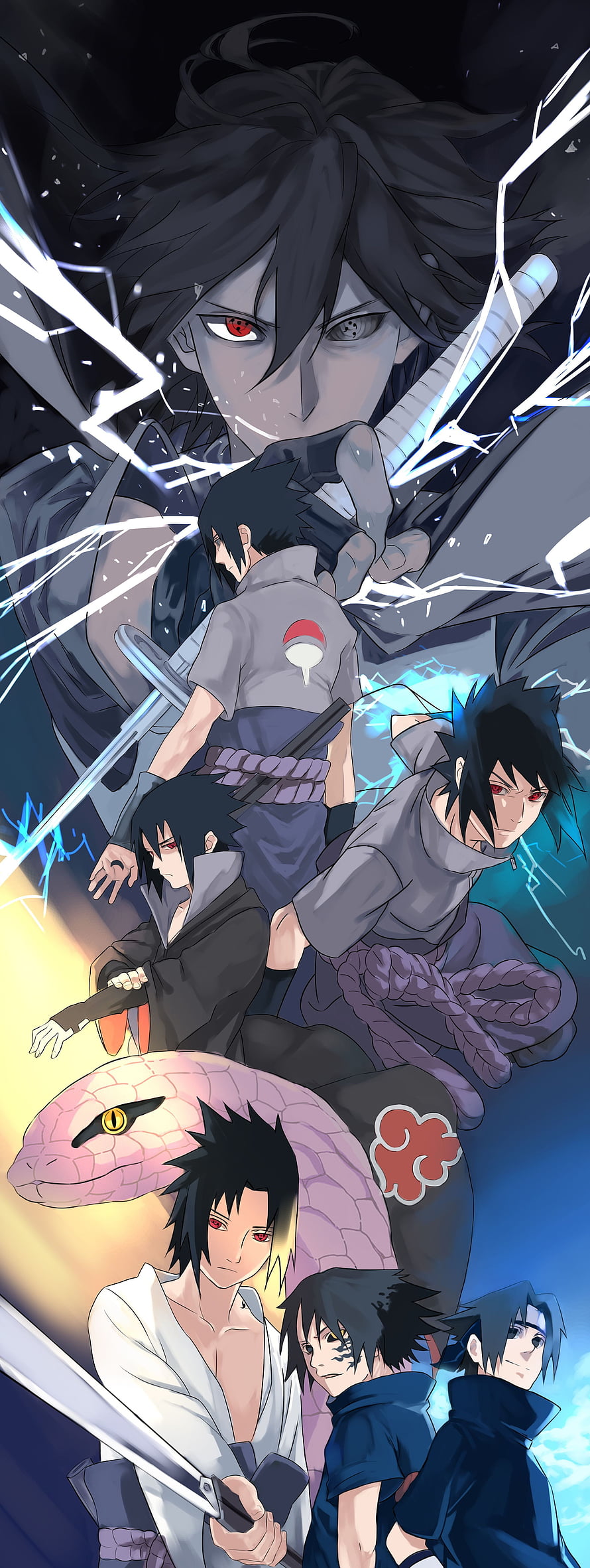 Sasuke Uchiha Character Collage with Sharingan and Chidori Lightning HD phone wallpaper