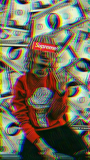 Drippy in Supreme Box Logo Hoodie with Glitch Art and Dollar Bill Background HD phone wallpaper