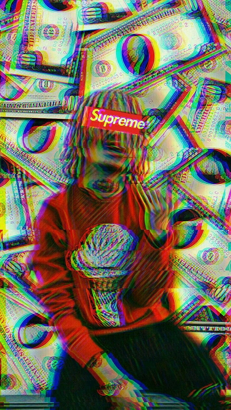 Drippy in Supreme Box Logo Hoodie with Glitch Art and Dollar Bill Background HD phone wallpaper