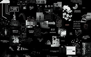 Dark Aesthetic Collage Wallpaper with Gothic Text and Monochrome Art Elements HD wallpaper