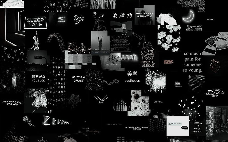 Dark Aesthetic Collage Wallpaper with Gothic Text and Monochrome Art Elements HD wallpaper