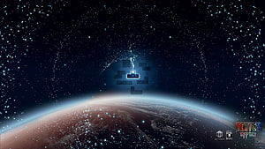 Tetris Effect Connected promotional artwork featuring glowing blocks above a planet in deep space HD wallpaper