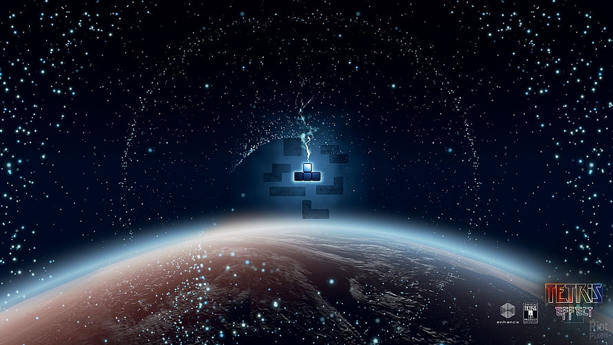 Tetris Effect Connected promotional artwork featuring glowing blocks above a planet in deep space HD wallpaper