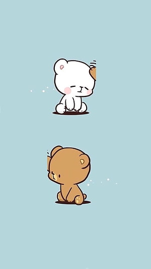 Cute Kawaii Bear Duo Sitting on Light Blue Background HD phone wallpaper