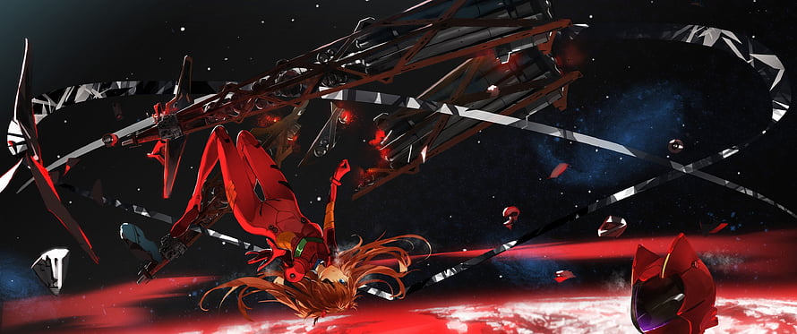 Evangelion Unit-02 in Space with Mechanical Structure and Red Planet HD wallpaper