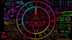 Bill Cipher Neon Doodle Artwork with Cryptic Symbols and Handwritten Notes on Black Background HD wallpaper