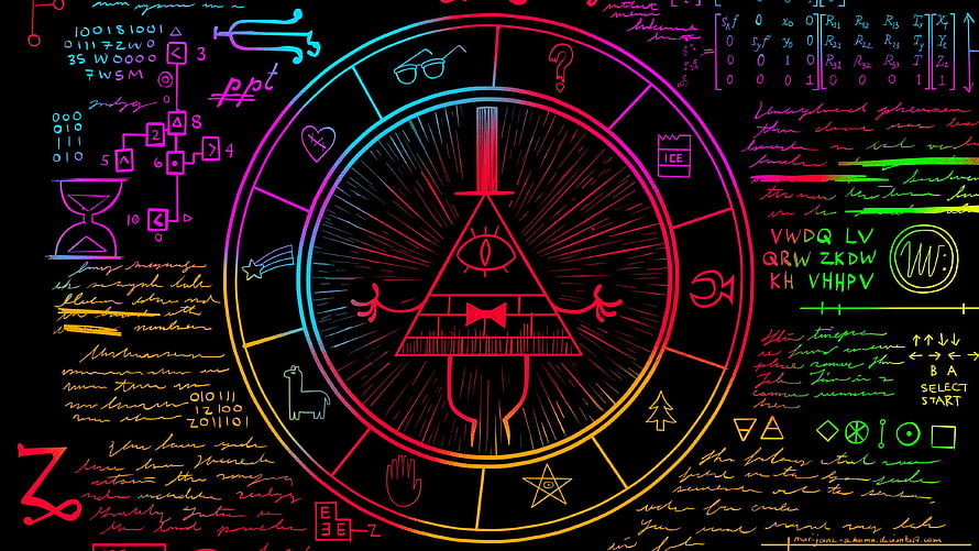 Bill Cipher Neon Doodle Artwork with Cryptic Symbols and Handwritten Notes on Black Background HD wallpaper