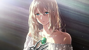 Violet Evergarden Anime Character Portrait with Green Pendant and Mechanical Hand HD wallpaper