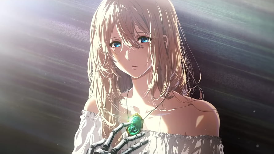 Violet Evergarden Anime Character Portrait with Green Pendant and Mechanical Hand HD wallpaper