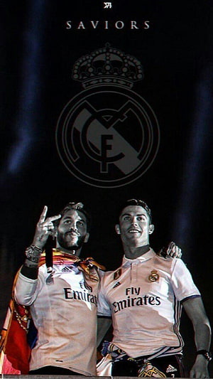 Cristiano Ronaldo and Sergio Ramos in Real Madrid Kits with Club Crest HD phone wallpaper