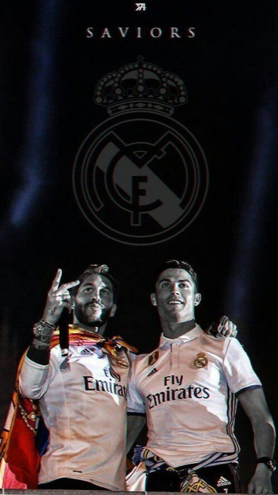 Cristiano Ronaldo and Sergio Ramos in Real Madrid Kits with Club Crest HD phone wallpaper