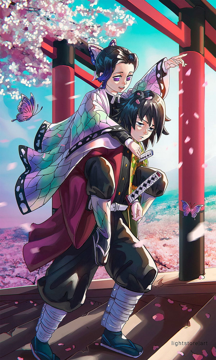 Giyuu Tomioka and Shinobu Kochou Under Cherry Blossoms at a Torii Gate HD phone wallpaper