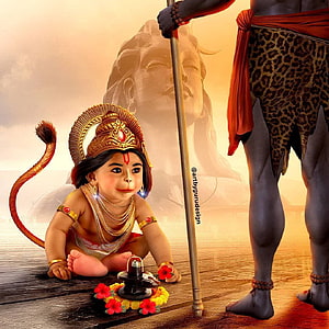 Baby Hanuman and Lord Shiva at Adiyogi Statue with Lingam and Flowers HD phone wallpaper