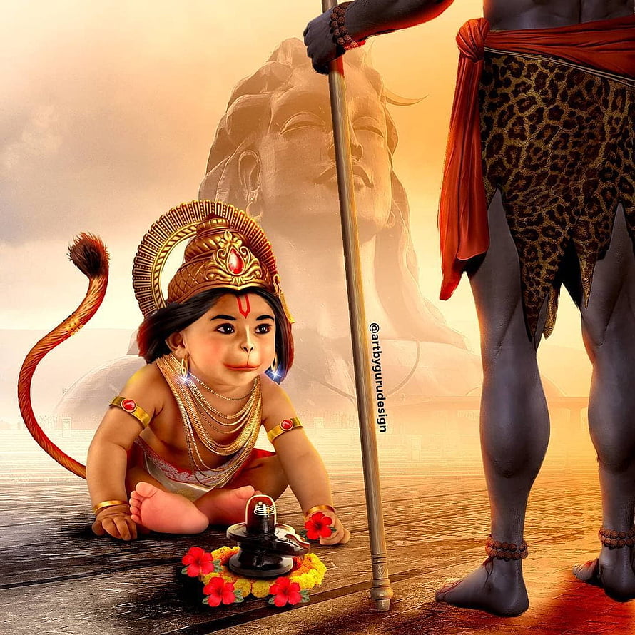 Baby Hanuman and Lord Shiva at Adiyogi Statue with Lingam and Flowers HD phone wallpaper
