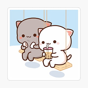 Peach and Goma Mochi Cat Enjoying Bubble Tea on a Swing HD phone wallpaper