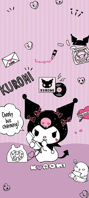 Sanrio Kuromi Cartoon Wallpaper with Pink Hearts and Cute Accessories HD phone wallpaper