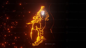 Lord Ram glowing neon silhouette with bow and arrow against dark starry background HD wallpaper
