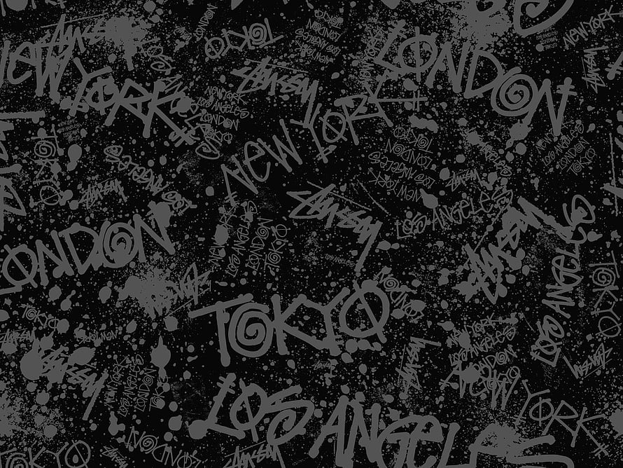 Stussy Urban Graffiti Pattern with City Names and Spray Paint Texture HD wallpaper