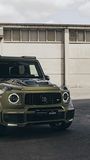 Olive Green Brabus Mercedes G63 AMG Front View with Carbon Fiber Hood and LED Headlights HD phone wallpaper