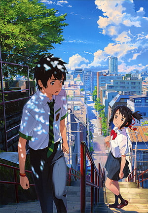 Your Name Anime Poster Featuring Taki and Mitsuha on a Sunny Hillside Staircase HD phone wallpaper