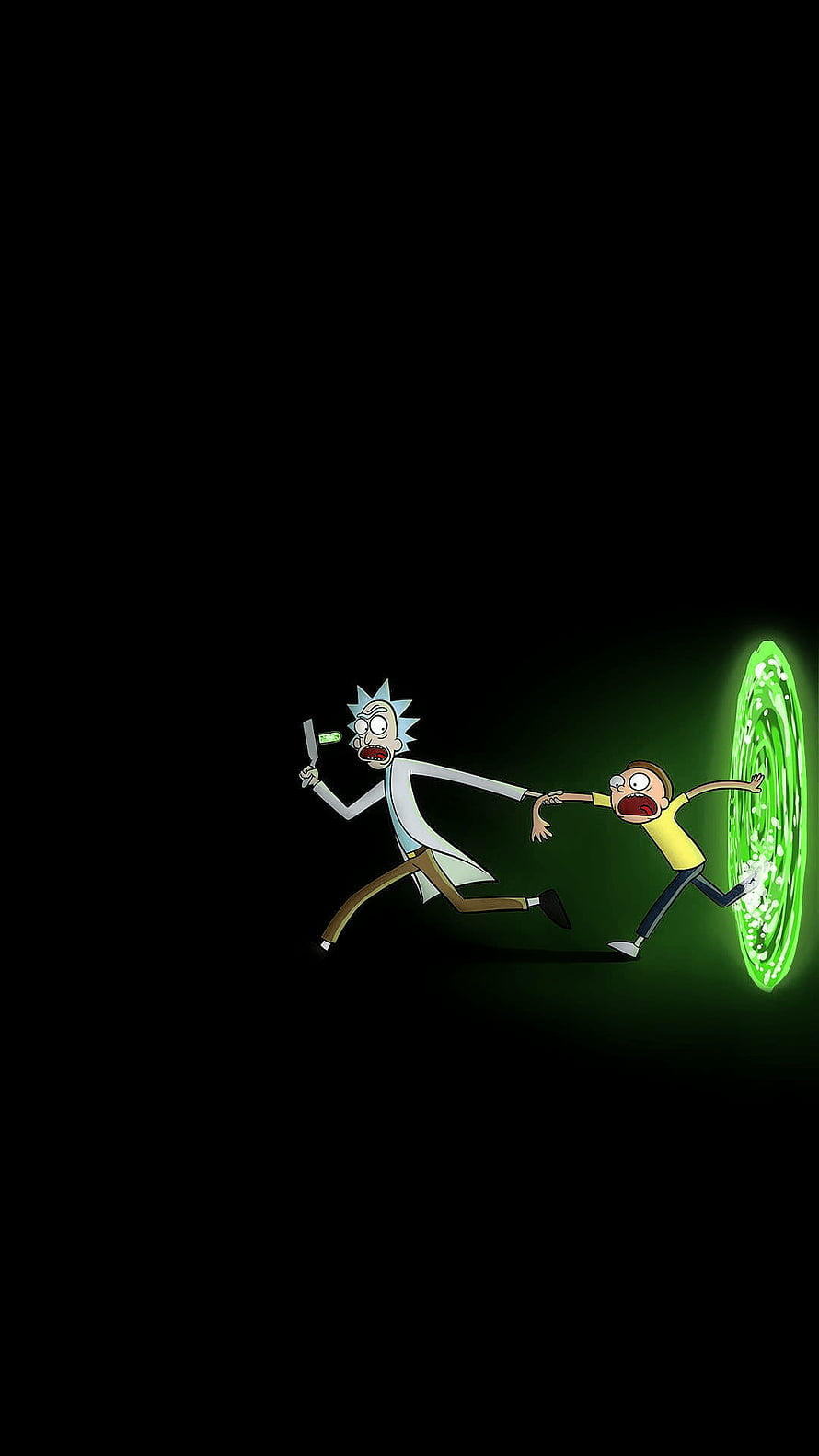 Rick and Morty Fleeing Through a Green Portal on a Black Background HD phone wallpaper