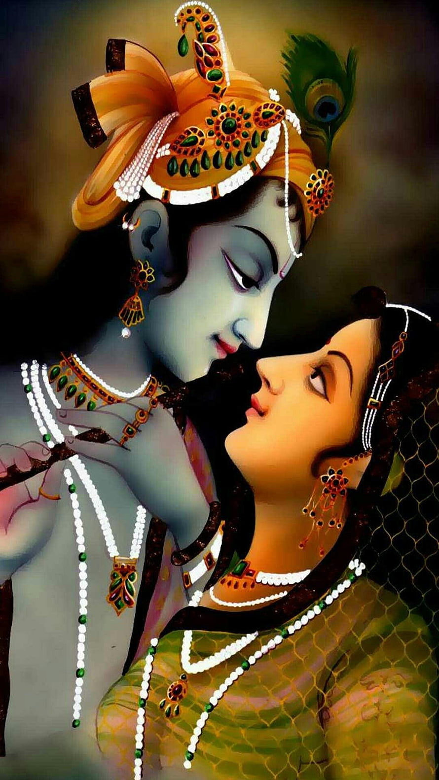 Krishna and Radha in Intimate Embrace with Traditional Indian Jewelry and Peacock Feather Crown HD phone wallpaper