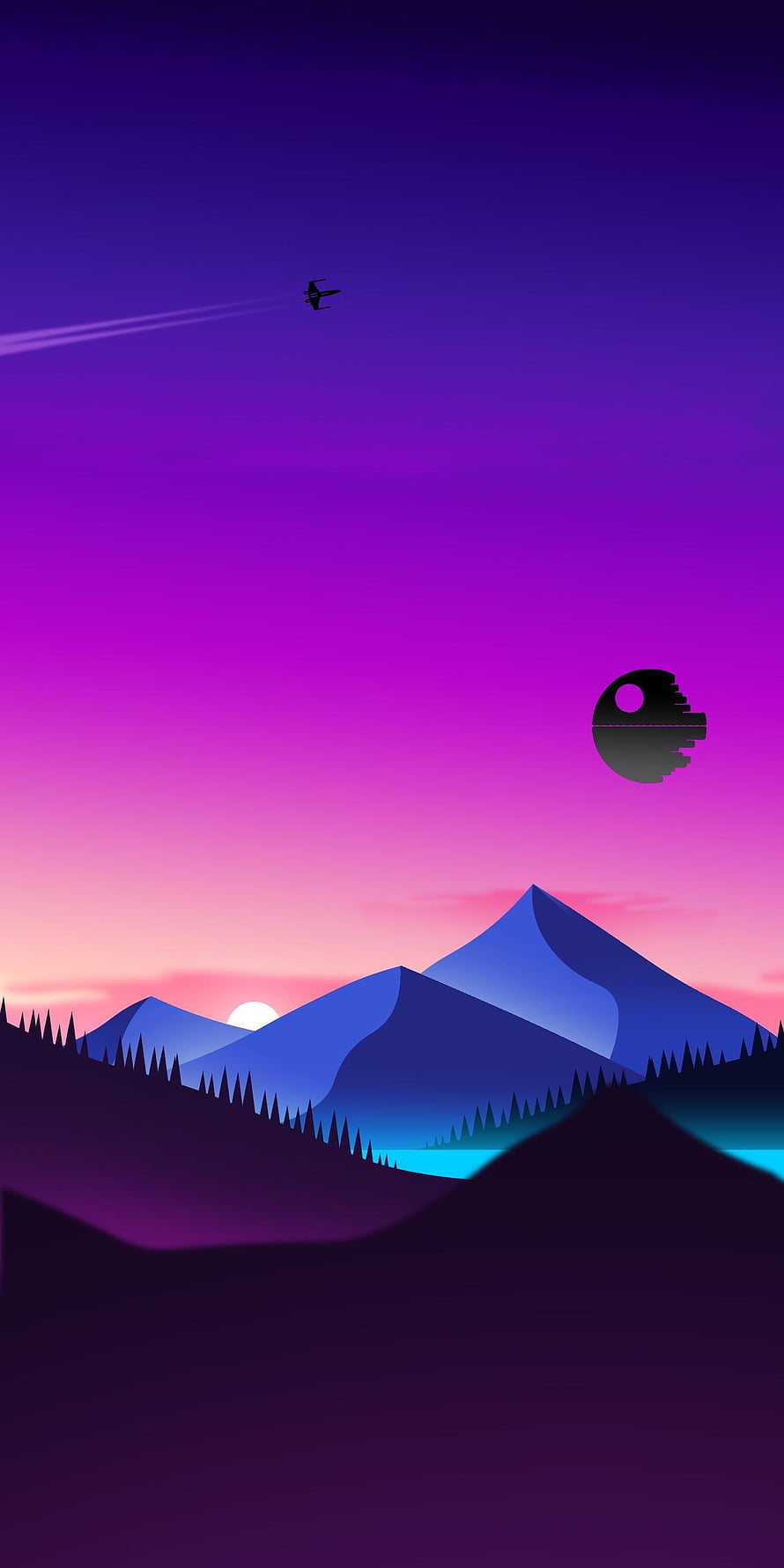 Minimalist Star Wars Landscape with X-Wing and Death Star at Sunset HD phone wallpaper