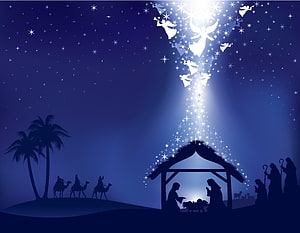 Silhouette Nativity Scene with Angelic Choir and Starlight Over Palm Trees HD wallpaper