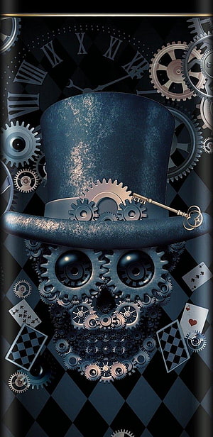 Steampunk Skull with Top Hat, Gears, and Playing Cards on Dark Checkered Background HD phone wallpaper