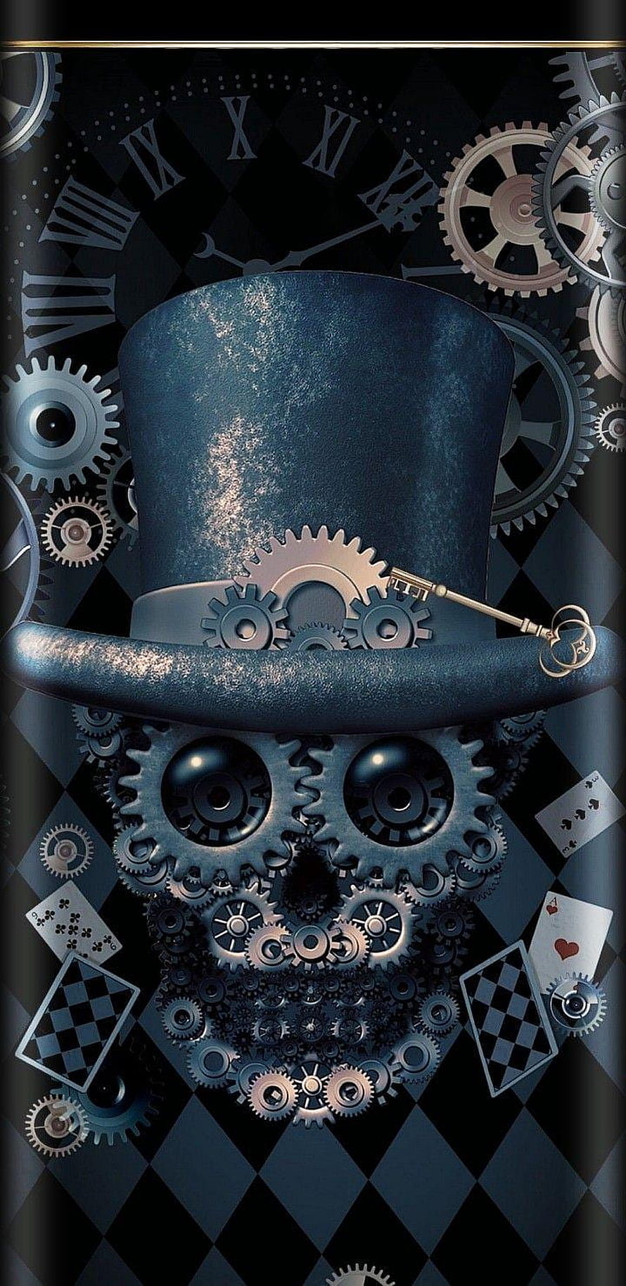 Steampunk Skull with Top Hat, Gears, and Playing Cards on Dark Checkered Background HD phone wallpaper