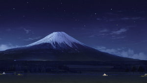 Mount Fuji at Night in Yuru Camp Anime Landscape with Starry Sky and Glowing Tents HD wallpaper