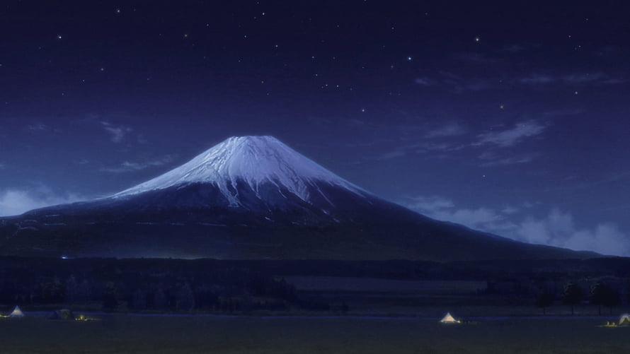 Mount Fuji at Night in Yuru Camp Anime Landscape with Starry Sky and Glowing Tents HD wallpaper