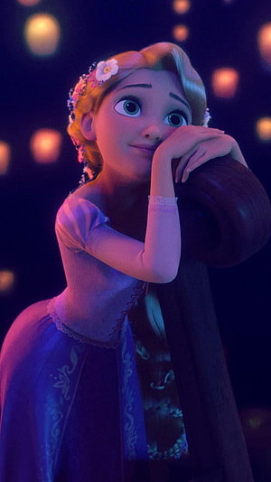 Rapunzel from Tangled Leaning on a Post with a Dreamy Expression in a Dark Setting HD phone wallpaper