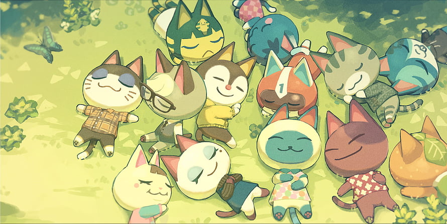 Animal Crossing Villagers Sleeping Together in a Sunny Grass Field HD wallpaper
