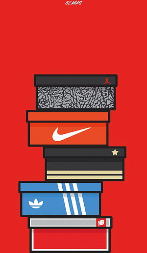 Stacked Sneaker Brand Shoe Boxes Minimalist Vector Illustration on Red Background HD phone wallpaper