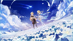 Aether and Lumine Walking Through a Field of White Flowers Under a Starlit Sky in Genshin Impact HD wallpaper