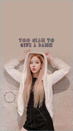 ROSÉ from BLACKPINK in a white fluffy hoodie with playful pout and pastel text overlay HD phone wallpaper