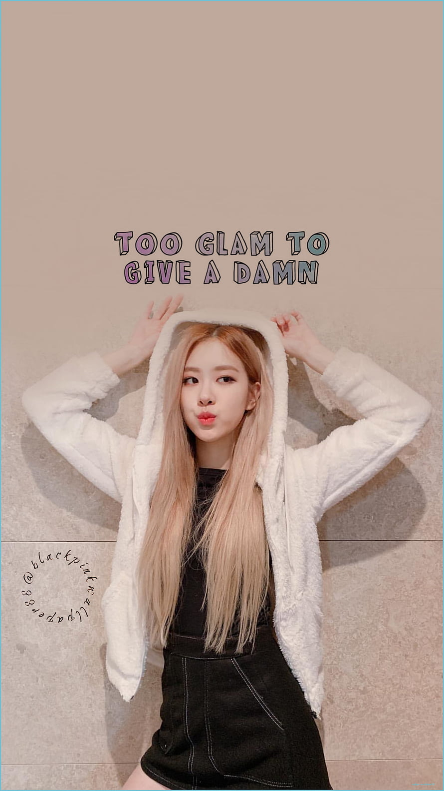 ROSÉ from BLACKPINK in a white fluffy hoodie with playful pout and pastel text overlay HD phone wallpaper