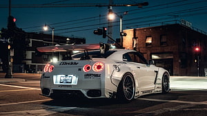 White Liberty Walk Nissan GTR R35 Widebody at Night HD wallpaper