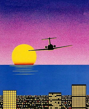Hiroshi Nagai Retro Airplane Silhouette Over Sunset Cityscape HD phone wallpaper