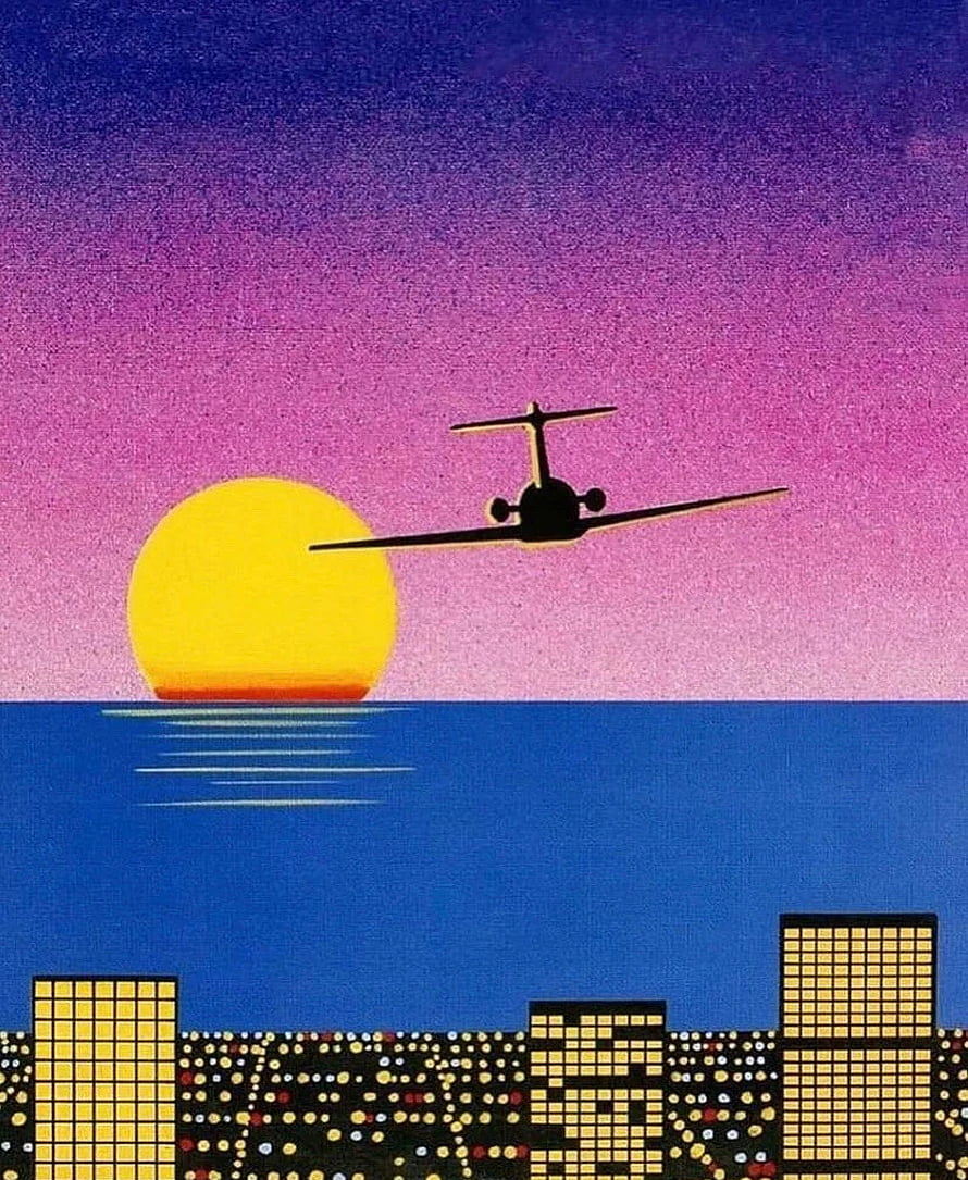 Hiroshi Nagai Retro Airplane Silhouette Over Sunset Cityscape HD phone wallpaper