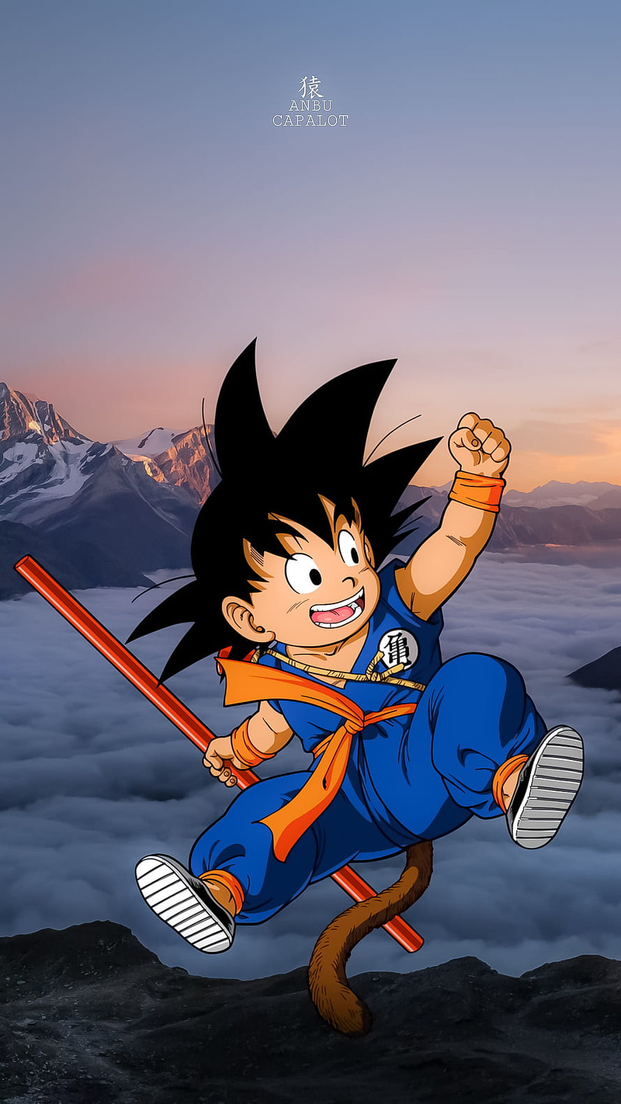 Kid Goku Leaping Above Clouds with Power Pole at Sunset HD phone wallpaper