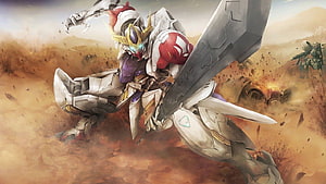 Barbatos Lupus Rex Gundam in Dynamic Desert Combat with Massive Sword HD wallpaper