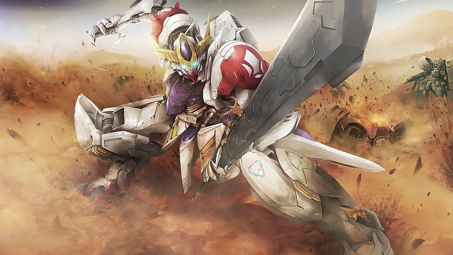 Barbatos Lupus Rex Gundam in Dynamic Desert Combat with Massive Sword HD wallpaper