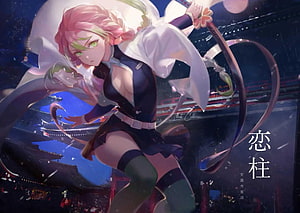 Mitsuri Kanroji Love Hashira from Demon Slayer in Dynamic Combat Pose HD wallpaper