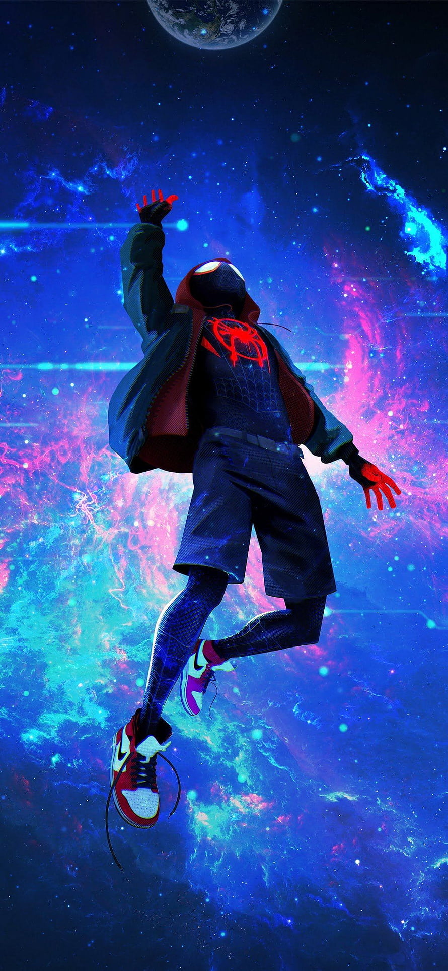 Miles Morales Spider-Man Floating in Cosmic Nebula with Earth in Background, Spiderman 11 Pro Max, miles morales 11 HD phone wallpaper