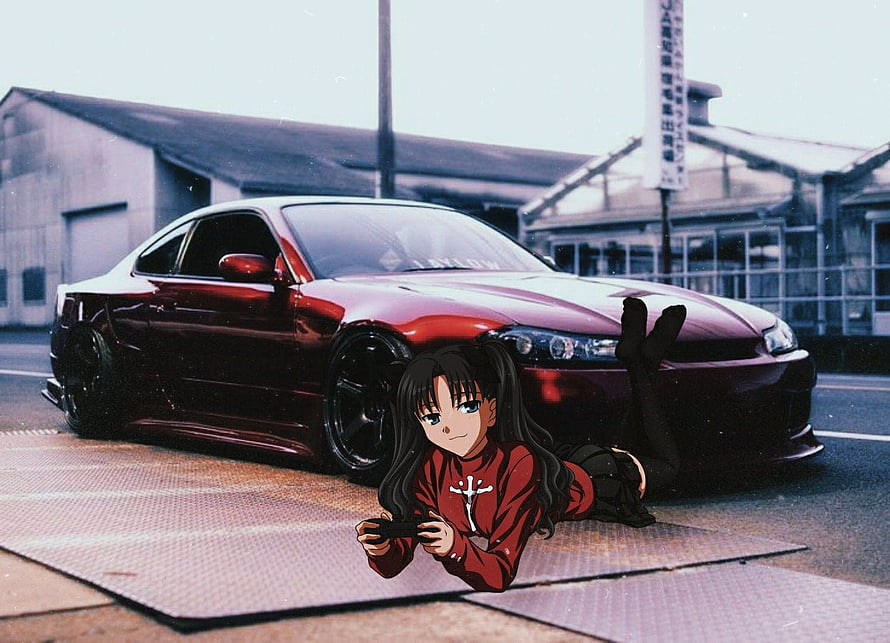 Anime Girl Lying in Front of a Red JDM Sports Car HD wallpaper