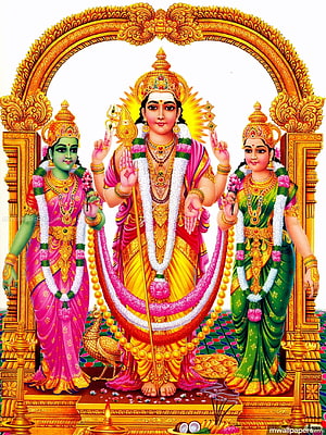 Lord Murugan with consorts in ornate golden temple archway HD phone wallpaper