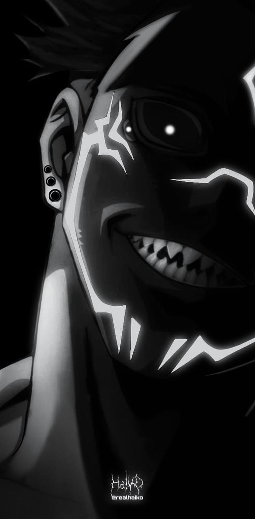Sukuna from Jujutsu Kaisen in a dark monochrome anime portrait with glowing facial markings HD phone wallpaper