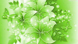 Sparkling Green Floral Illustration with Butterflies and Glowing Leaves HD wallpaper
